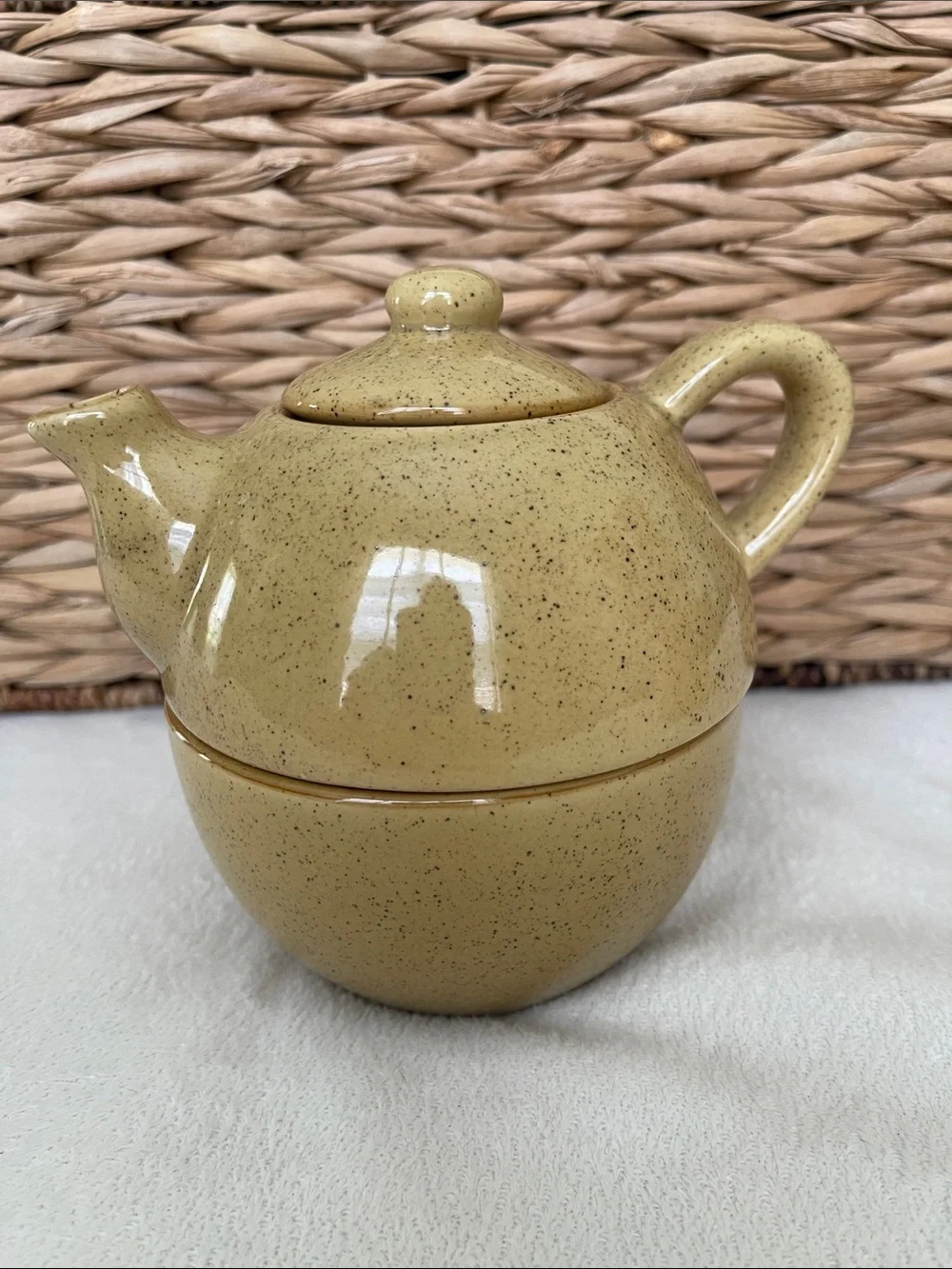 Pier 1 Tea Pot Mug Set Stoneware 8 Oz Mustard Color With Lid
